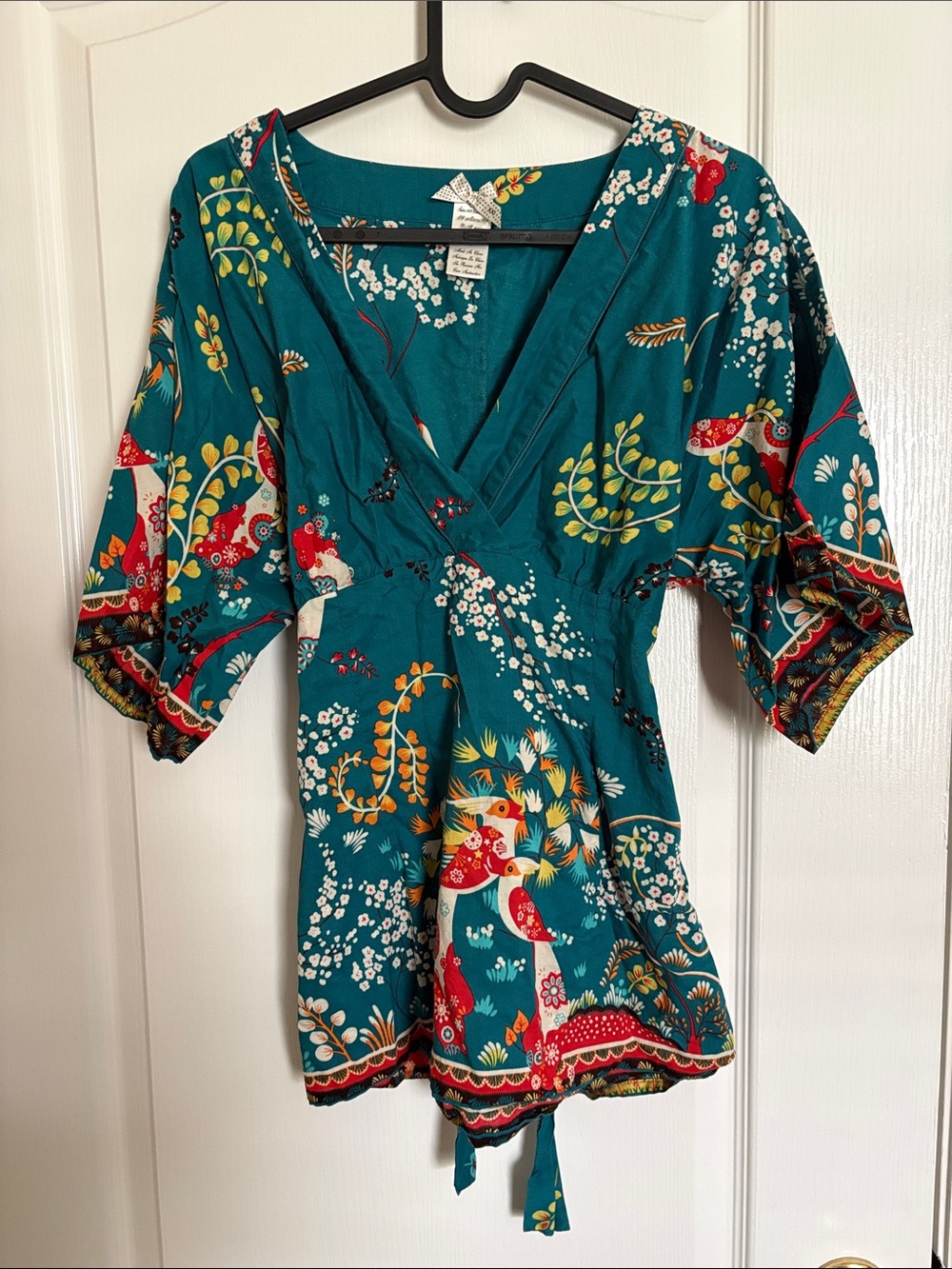 Teal Floral & Bird Boho Folk Art Style V-Neck Tie-Front Batwing Sleeves Tunic